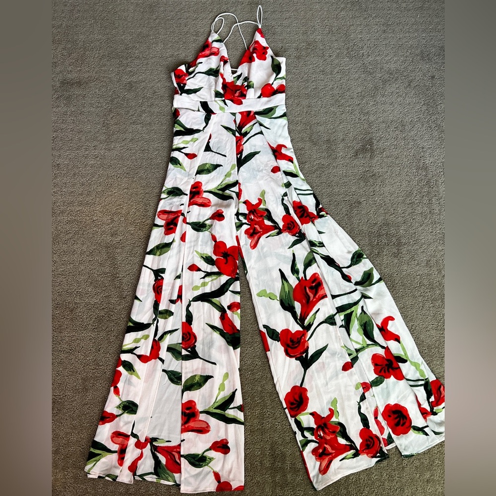 Red and Green Floral Jumpsuit with Halter Neckline